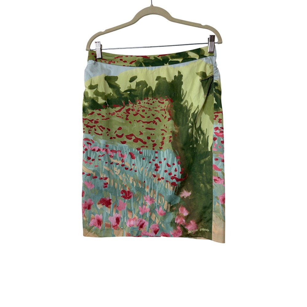 Kevin O'Brien Studio Floral Poppy Landscape Cotton Pencil Skirt Green Red Size 8